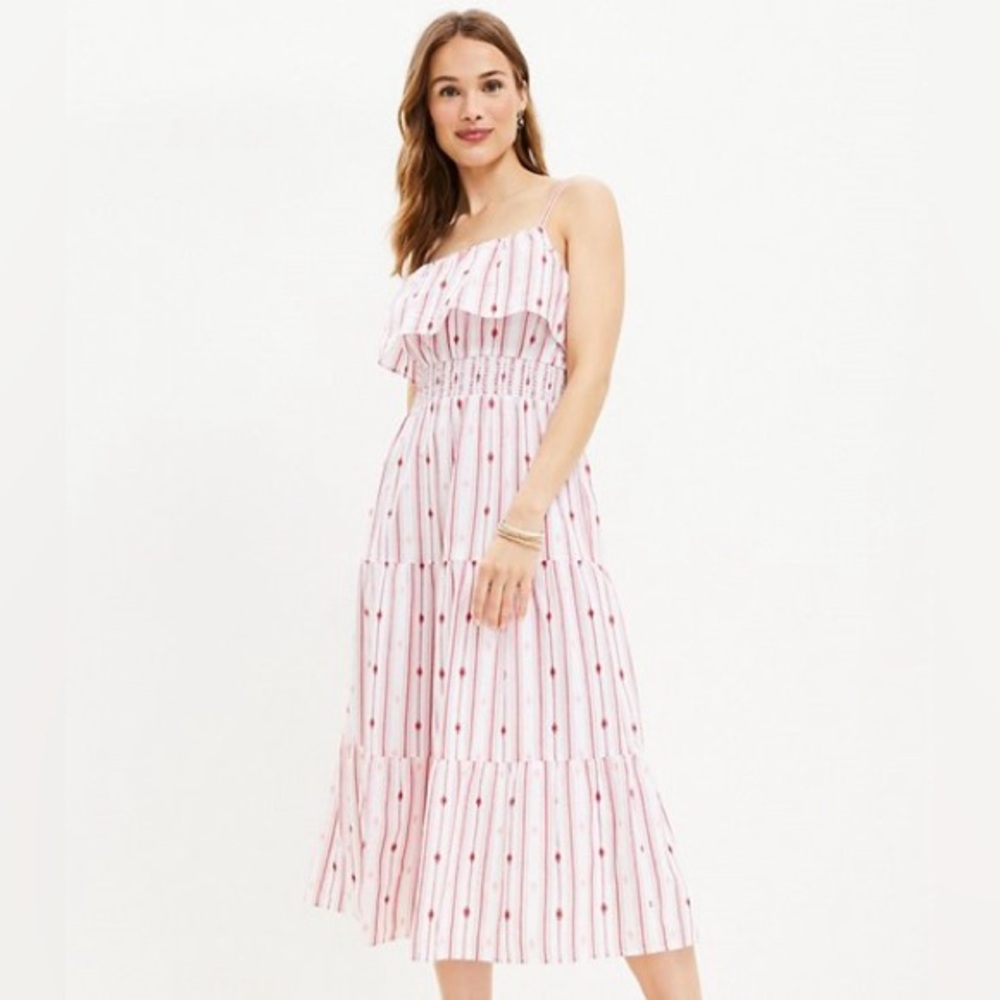 NWT Loft Striped Ruffle Strappy Midi Dress